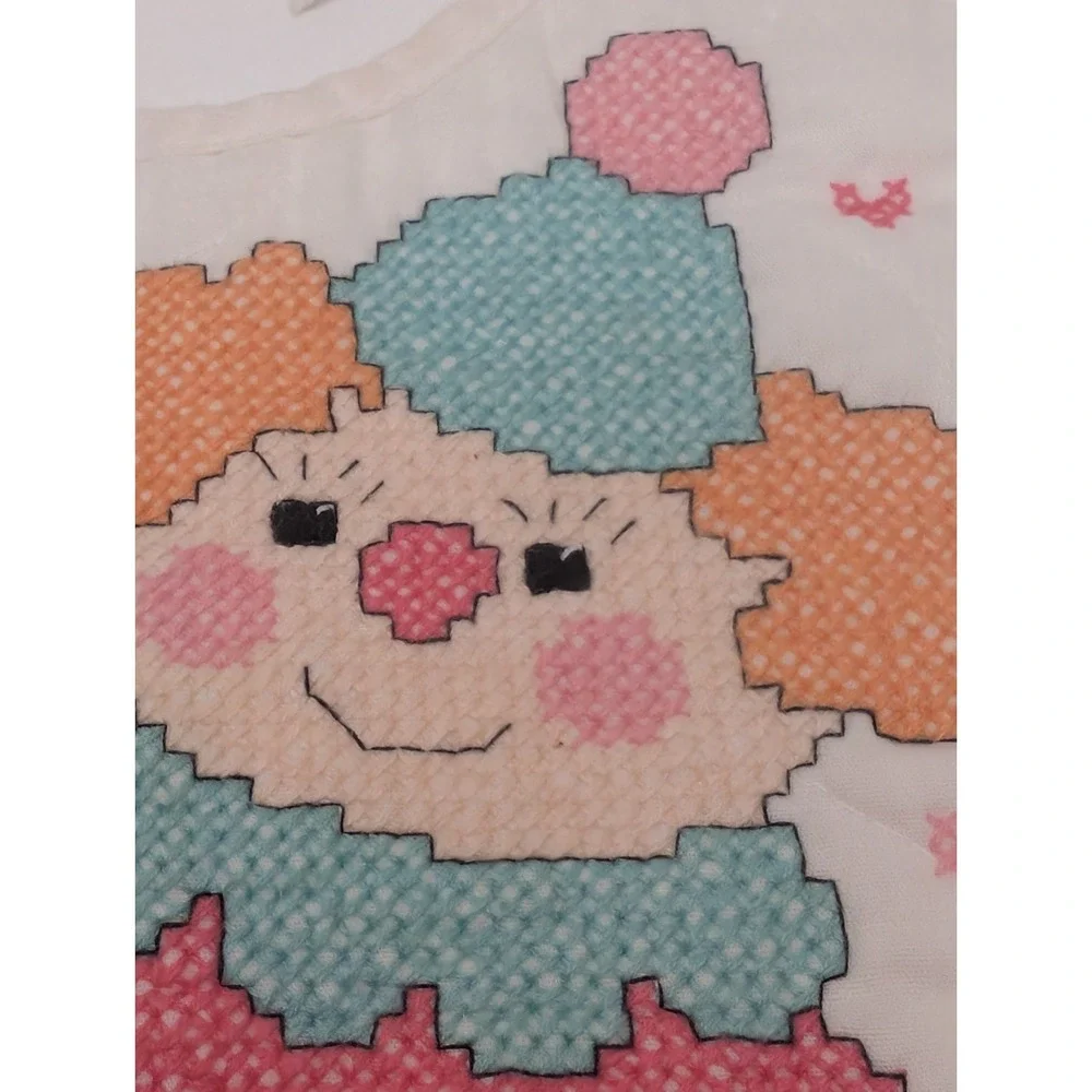 Vintage Handmade Cross Stitch Baby Bib Clown Heart Nursery‎ Cottagecore Tie Back